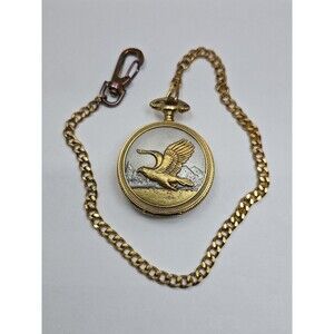 Majestron Eagle Quartz Hunter Pocket Watch Gold Tone Wildlife Chains New Battery